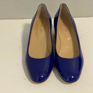 SERGIO ROSSI BLUE PATENT LEATHER BLOCK HEEL PUMPS